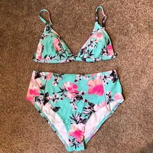 Baby blue and floral high waisted bikini set